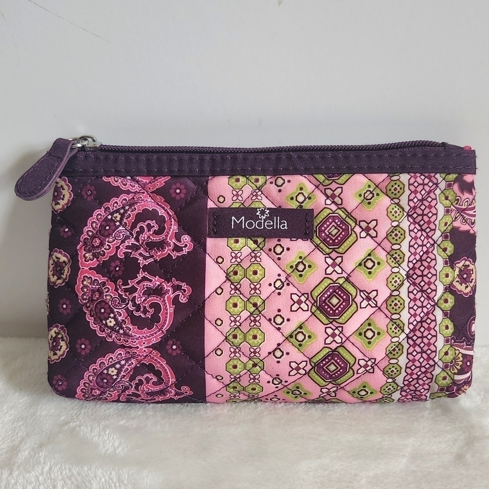Modella Vintage Pink Purple Paisley Quilted Cosmetic Makeup Pouch Bag
